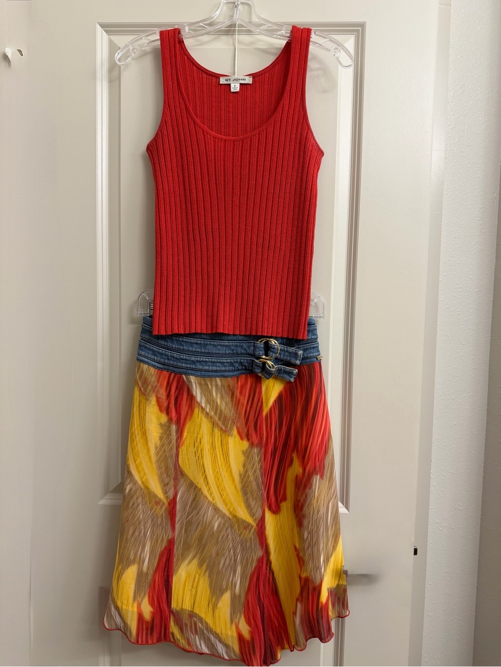 St. John red top with Yellow, Tan and Jean Multicolor Skirt